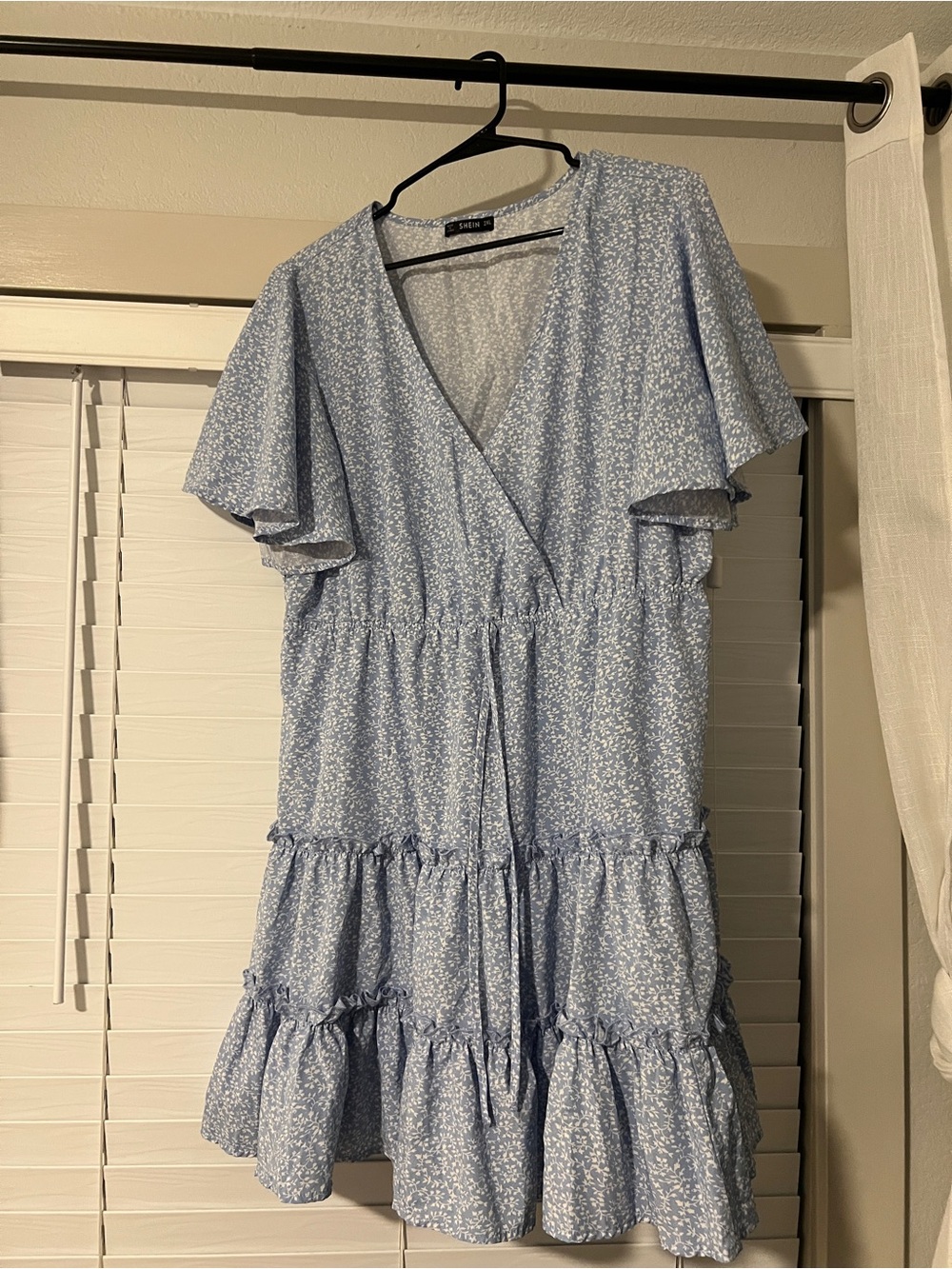 SHEIN Light Blue Ditsy Floral Tiered Wrap Midi Dress